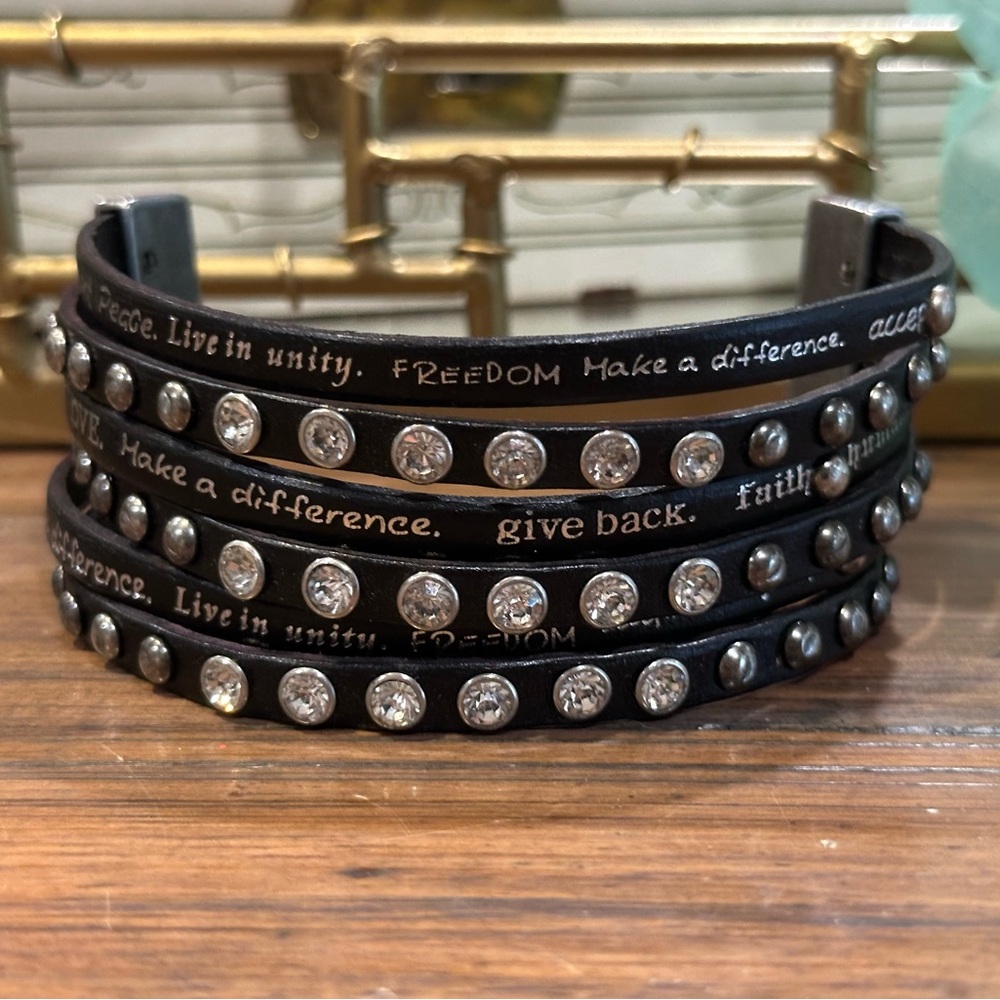Black Leather Bracelet with Pewter Buckle- 6 Strand